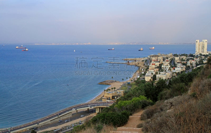 都市风景,海法,城市,顶部,水,天空,水平画幅,山,海港,旅行者