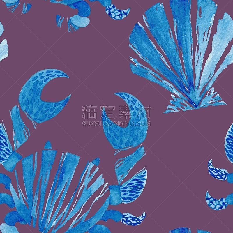 四方连续纹样,贝壳,绘画插图,海产,螃蟹,蓝色,水彩背景,水彩画,深的,水彩画颜料