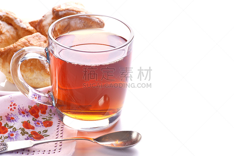 红茶,早餐,水平画幅,快乐,茶杯,蛋糕,玻璃杯,烘焙糕点,早晨,白色背景