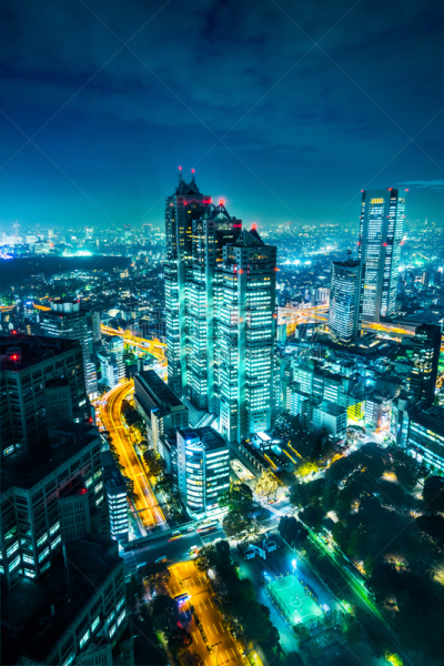 天空,夜晚,曙暮光,现代,东京,城市天际线,日本,新宿区,航拍视角,在下面