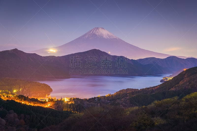 山,富士山,水,美,水平画幅,雪,寺庙,旅行者,户外,湖