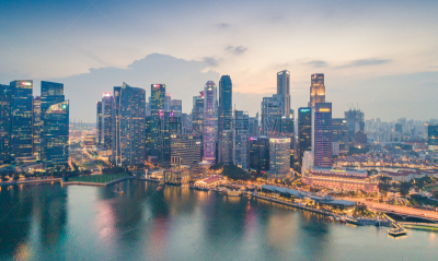 Aerial view Panoramic of the Singapore Skyline and Marina Bay, the marina is the centre of the economy in singapore, there are here all the building in singapore central