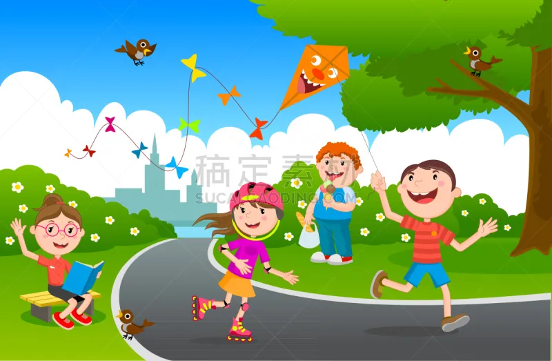 公园 儿童 夏天 绘画插图 进行中 幸福 游乐场 矢量 可爱的 休闲游戏图片素材下载 稿定素材