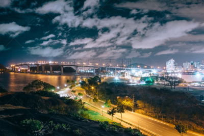 Clouds move through the sky over the city, in Vitória Brazil.