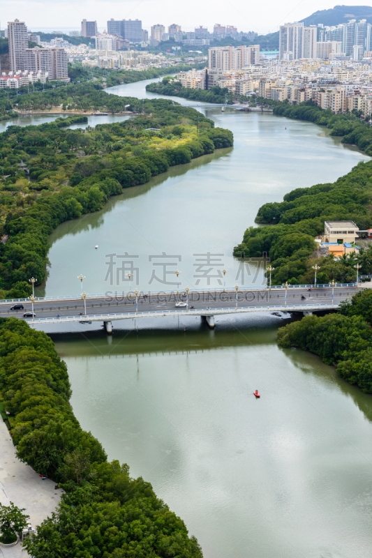 全景,海南省,三亚,航拍视角,自然美,鹿回头公园,云,黄昏,现代,热带树