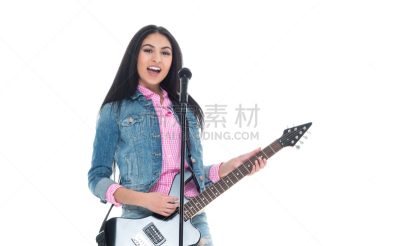 女性,自然美,粗斜纹棉布,衣服,背景分离,拉美人和西班牙裔人,吉他,影棚拍摄,仅女人,仅一个女人