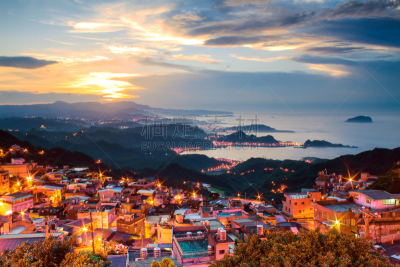 风景,海滩,山,九份,茶馆,水平画幅,夜晚,无人,户外,都市风景