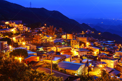 夜晚,乡村,沼,九份,水平画幅,山,黄昏,居住区,著名景点,照明设备
