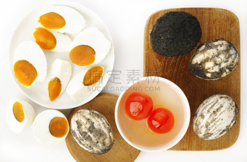 鸭蛋,腌制食品,白色背景,煮食,水平画幅,鸡蛋,无人,蛋黄,亚洲,成分