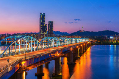 首尔,桥,汉江,韩国,水平画幅,夜晚,无人,交通,户外,都市风景
