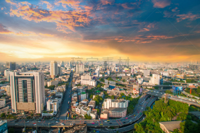 泰国,都市风景,商务,黄昏,航拍视角,曼谷,建筑外部,高大的,居住区,全景