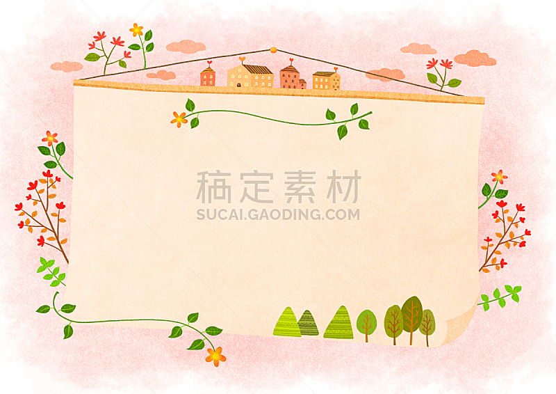 背景,绘画插图,边框,植物,天空,山,柔和色,叶子,花,树