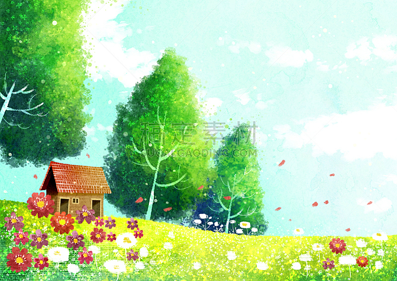 绘画插图,风景,春天,花坛,自然,草原,房屋,草,花