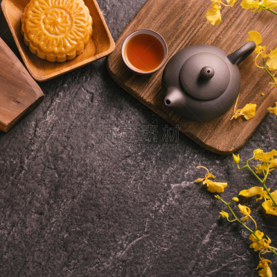 概念,传统,中秋节,食品,月饼,桌子,石片,黑色背景,茶,花