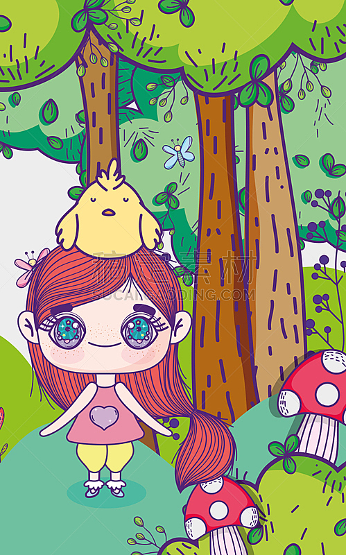 卡通,日本漫画风格,儿童,鸡肉,女孩,人的头部,自然,森林