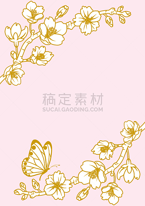 线条画,樱花,高雅,垂直画幅,嫩枝,蝴蝶,线条,女性特质,模板,柔和色