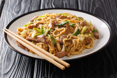 香料,水平画幅,特写,猪肉,盘子,面条,上海,油菜,小洋葱,菜单