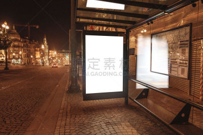公共汽车站,布告栏,夜晚,空白的,商务,城市生活,空的,暗色