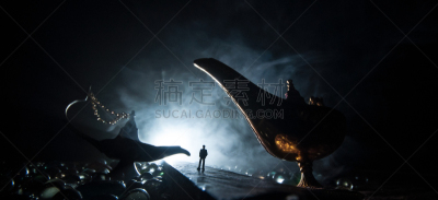 古董,妖怪,夜晚,男人,路,阿拉伯,巨人,雾,站,剪影