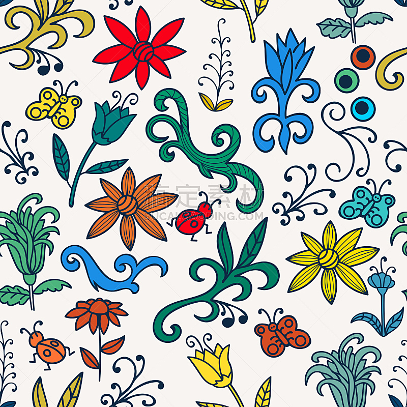 植物学,纹理,乱画,多色的,四方连续纹样,花,昆虫,绘画插图,夏天,花