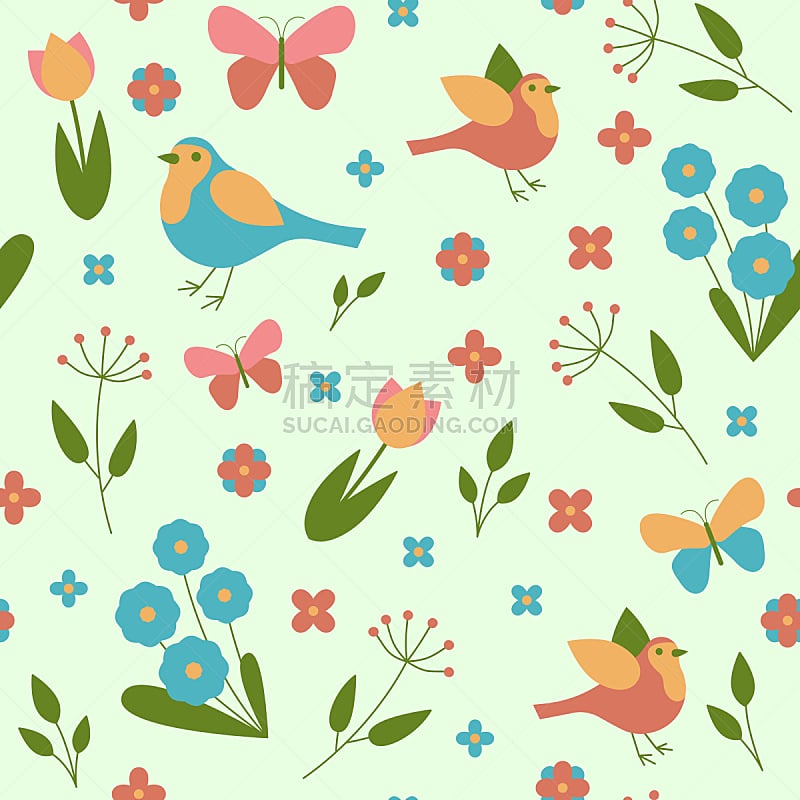 叶子,鸟类,四方连续纹样,春天,花
