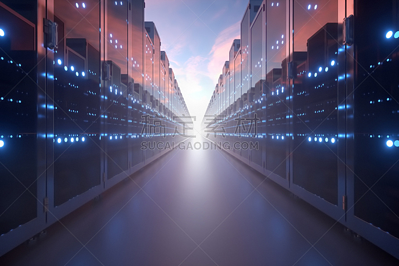 3d rendering of rows of network servers machine farm cloud computing hardware on blue sky background