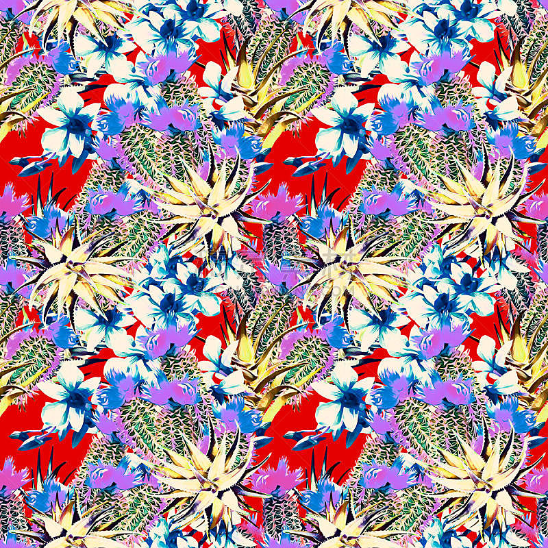 仙人掌,四方连续纹样,兰花,芦荟,华丽的,水彩画颜料,纺织品,热带气候,花