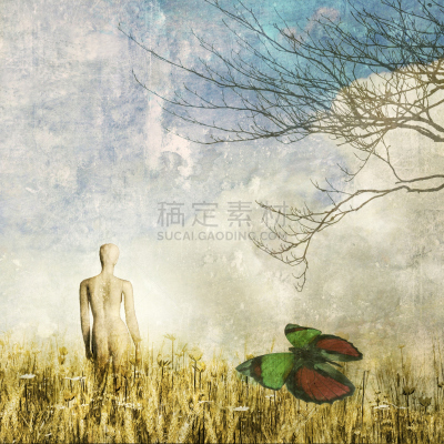 人造模特,视角,天空,绘画插图,古老的,超现实主义的,古典式,夏天,草