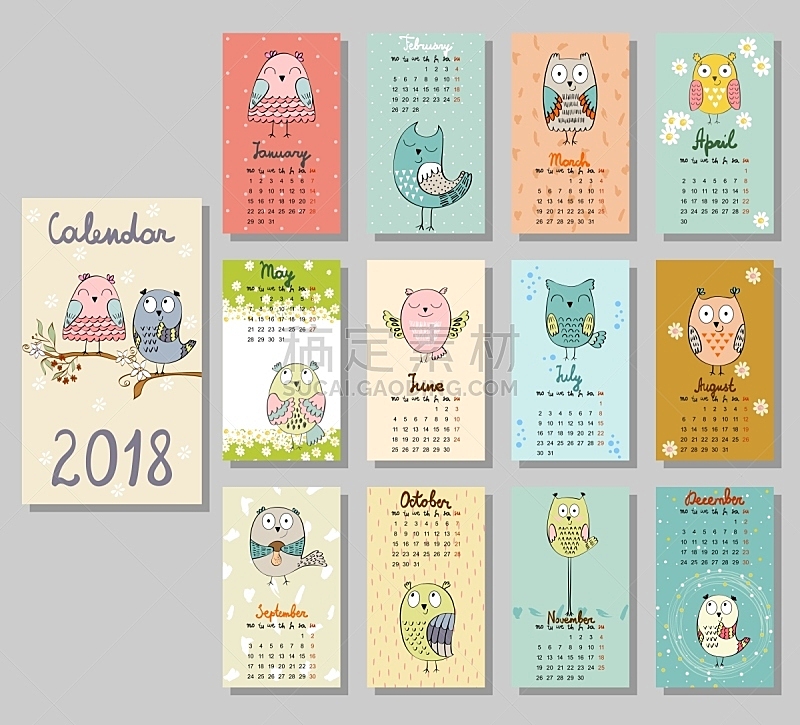 日历,2018,可爱的,绘画插图,贺卡,圣诞卡,艺术,水平画幅,小猫头鹰