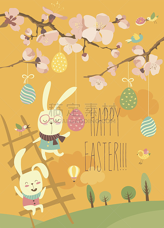 枝,幽默,花朵,复活节兔子,樱桃树,梯子,小兔子,春季系列,复活节彩蛋,垂直画幅
