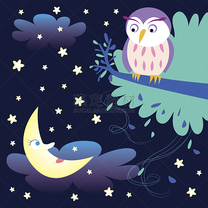 夜晚,月亮,猫头鹰,风,食肉鸟,绘画插图,鸟类,蛋糕,星形,星星