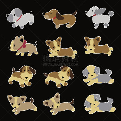 狗,绘画插图,威尔士柯基犬,哈叭狗,贵宾犬,杰克拉瑟短腿犬,顺序系列,腊肠犬,哈巴狗,梗犬