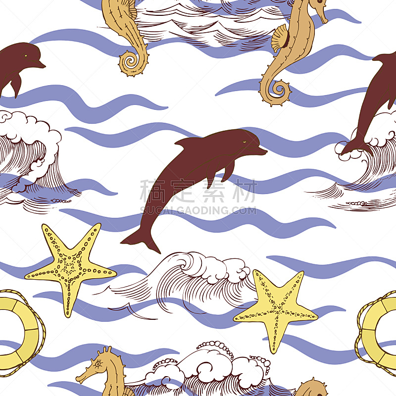 四方连续纹样,船,绘画插图,水,海马,鸟类,海豚,夏天,方向,俄罗斯
