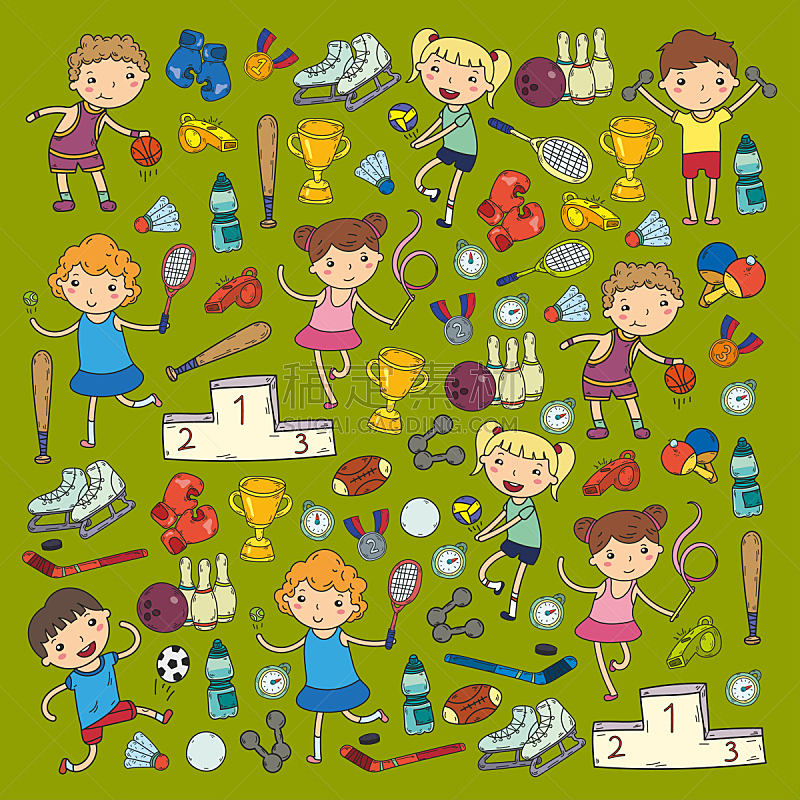 绘画插图,运动,女孩,瑜伽,橄榄球,进行中,男孩,排球,篮球,滚轴曲棍球