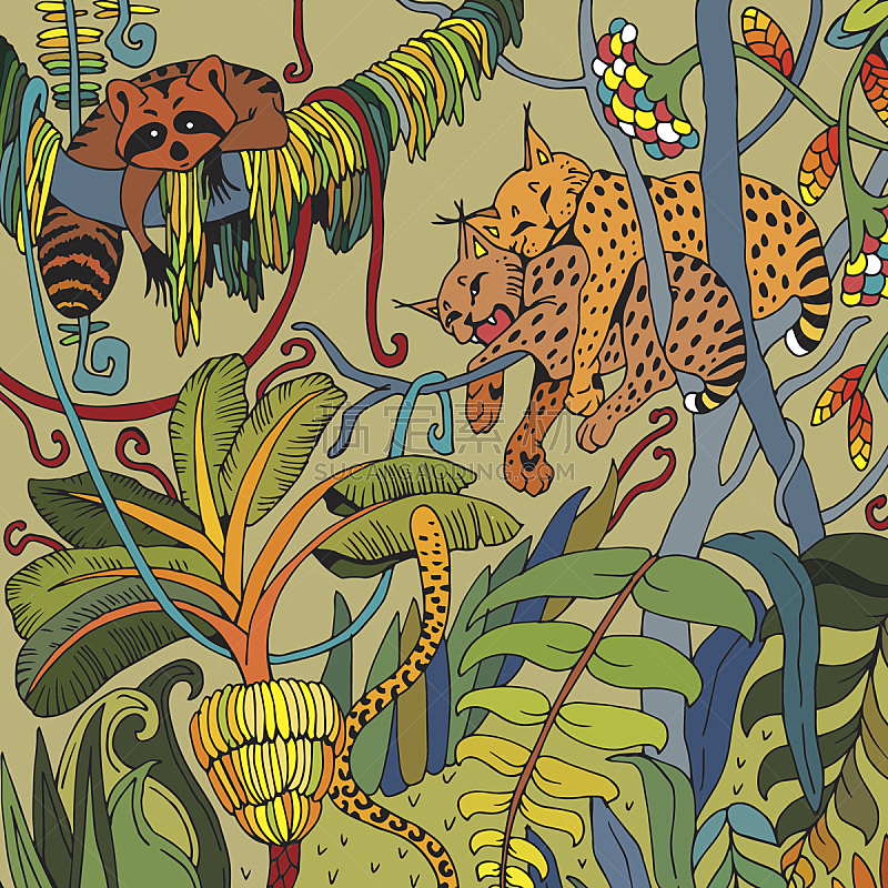 山猫,浣熊,页,热带的花,美洲豹,野外动物,热带雨林,藤蔓植物,亚马逊雨林,华丽的