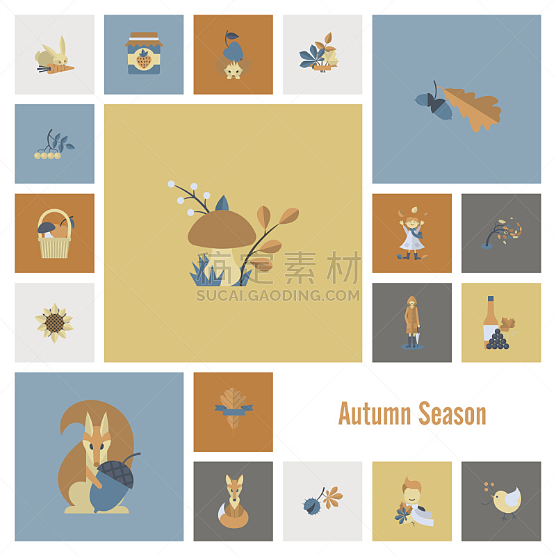 秋天,平坦的,符号,刺猬,橡树果,兔子,伞,葡萄酒,枝繁叶茂,绘画插图
