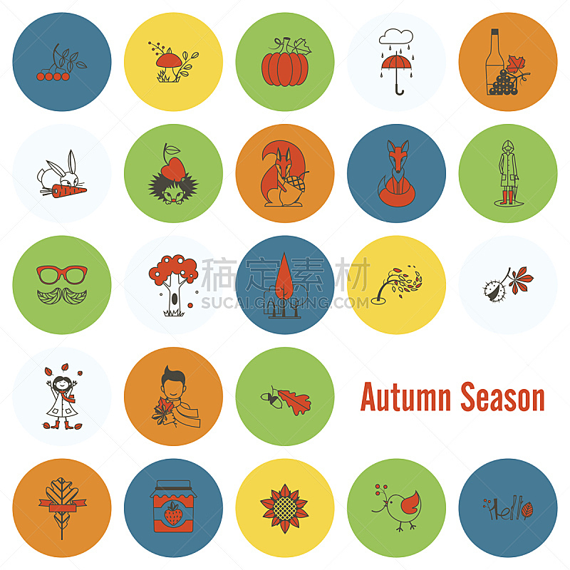 秋天,平坦的,符号,刺猬,橡树果,狐狸,兔子,葡萄酒,枝繁叶茂,绘画插图