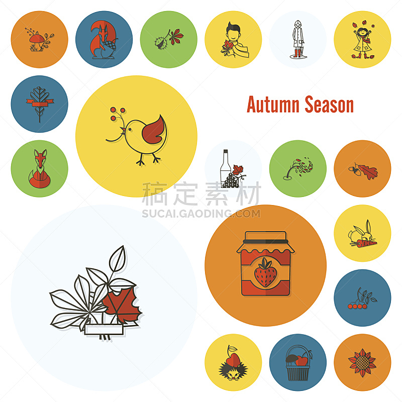 秋天,平坦的,符号,刺猬,松鼠,狐狸,兔子,葡萄酒,枝繁叶茂,绘画插图