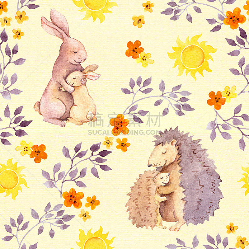 刺猬,兔子,四方连续纹样,幼小动物,水彩画,母亲,涂料,雌性动物,小兔子,抱
