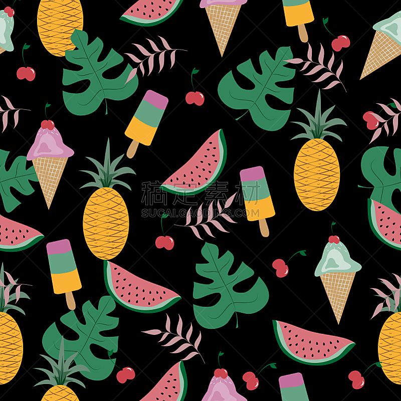 四方连续纹样,黑色背景,浆果,纺织品,匈牙利,热带气候,樱桃,甜点心,水果,爱