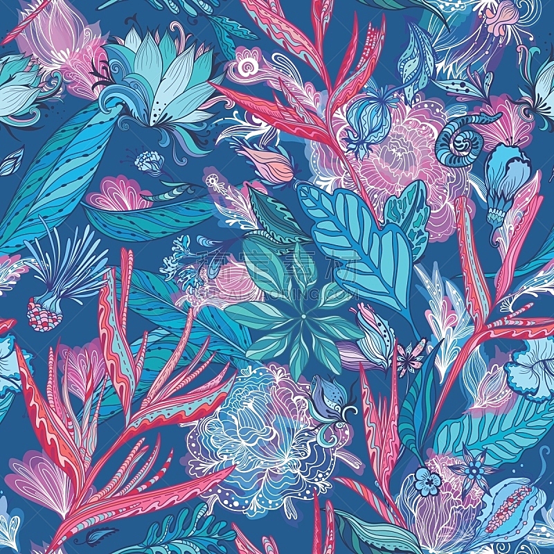 矢量,粉色,蓝色,热带植物图案,绘画插图,纹理效果,纺织品,夏天,棕榈树