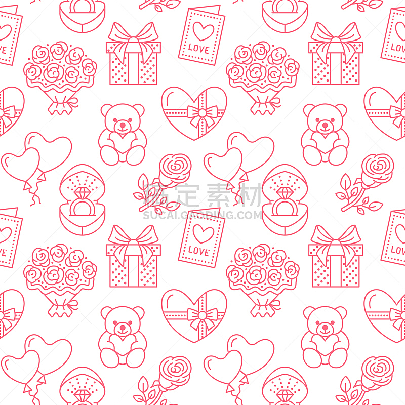 泰迪熊,线条,情人节卡,二月,四方连续纹样,情人节,红色,粉色,气球,平坦的