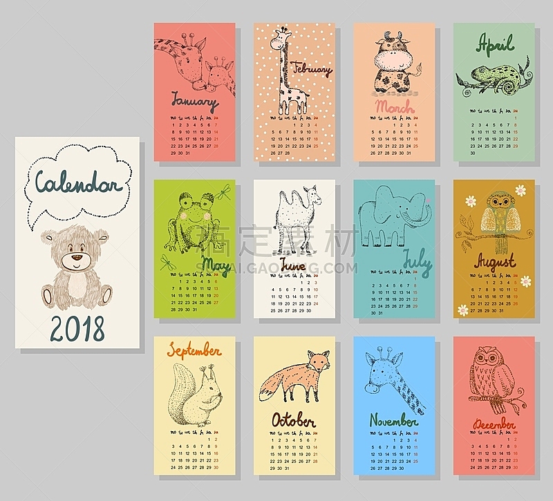 日历,2018,可爱的,绘画插图,贺卡,新的,小猫头鹰,卡通,书页,现代
