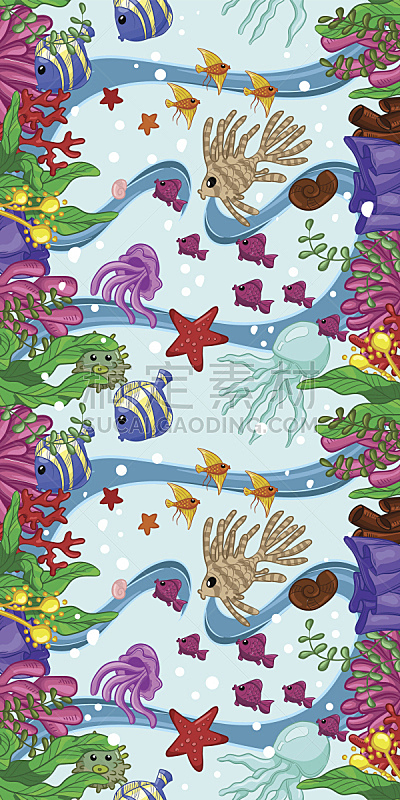 水母,海星,海草,珊瑚,海洋生命,四方连续纹样,贝壳,鱼类,垂直画幅,泡泡