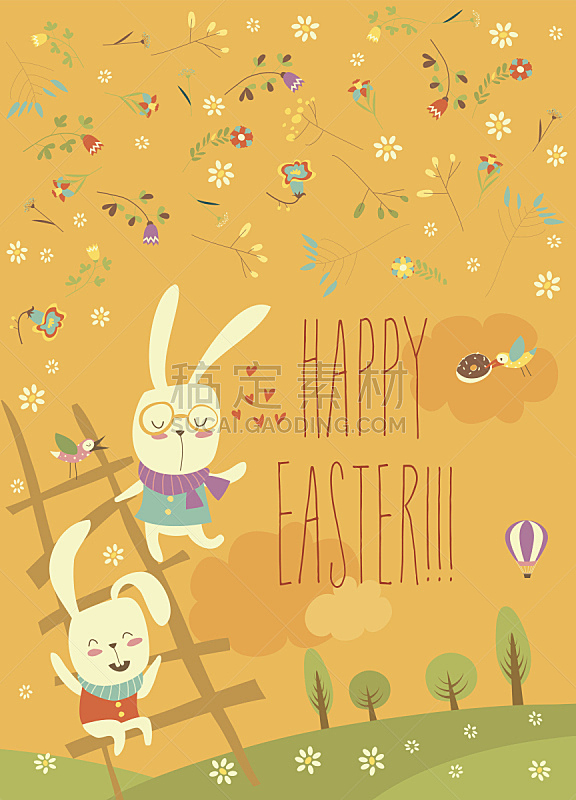 梯子,幽默,复活节兔子,小兔子,春季系列,垂直画幅,绘画插图,贺卡,复活节