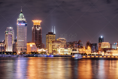 夜晚,上海,浦西,非凡的,水,水平画幅,无人,黄浦江,户外,光