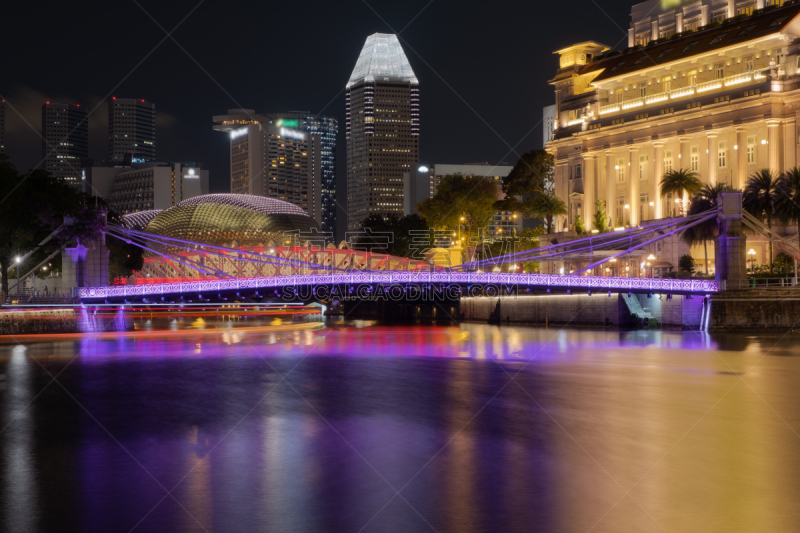 新加坡,夜晚,滨水,城市,航拍视角,水,天空,水平画幅,无人,鱼尾狮