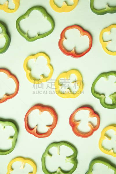 绿色,红色,黄色,切片食物,多色的,灯笼椒,式样,垂直画幅,高视角,配方