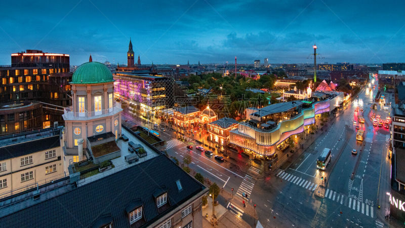 哥本哈根,城市天际线,水平画幅,高视角,夜晚,无人,户外,都市风景,蒂沃利,夜生活