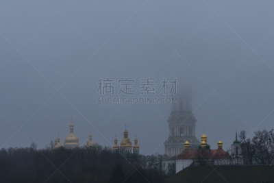 钟楼,基辅,都市风景,雾,拉夫拉,天空,灵性,古老的,建筑业
